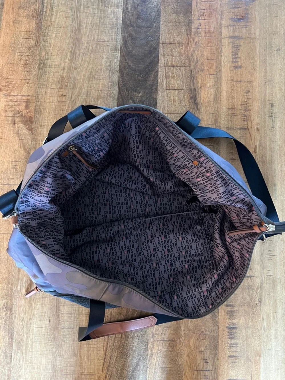Stella & Dot Camo Duffel with Black Straps and Tan Accents - Picture 2 of 3